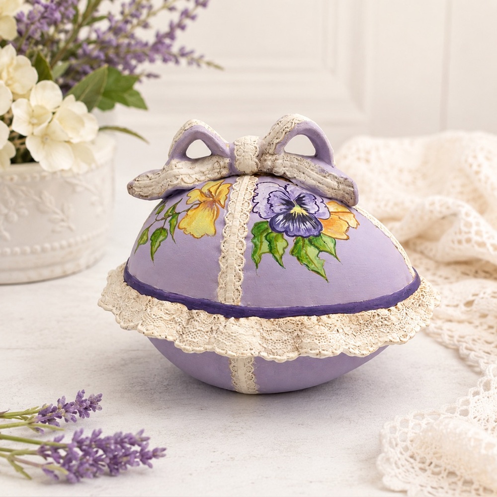 Hand-Painted Ceramic Purple Egg with Floral, Lace, and Bow Design Decor